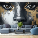 Modern Portrait Wall Mural displayed in a sleek living room setting, black and gold abstract art creating dramatic focal point