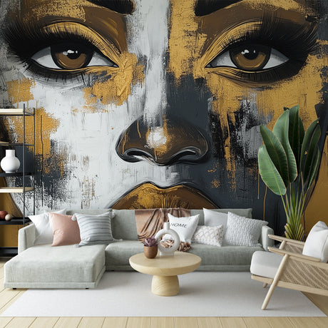 Black and gold abstract portrait wallpaper creating a bold statement in a modern living room with minimalist furniture