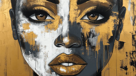 Abstract face portrait wallpaper design file showing detailed gold and black artistic pattern