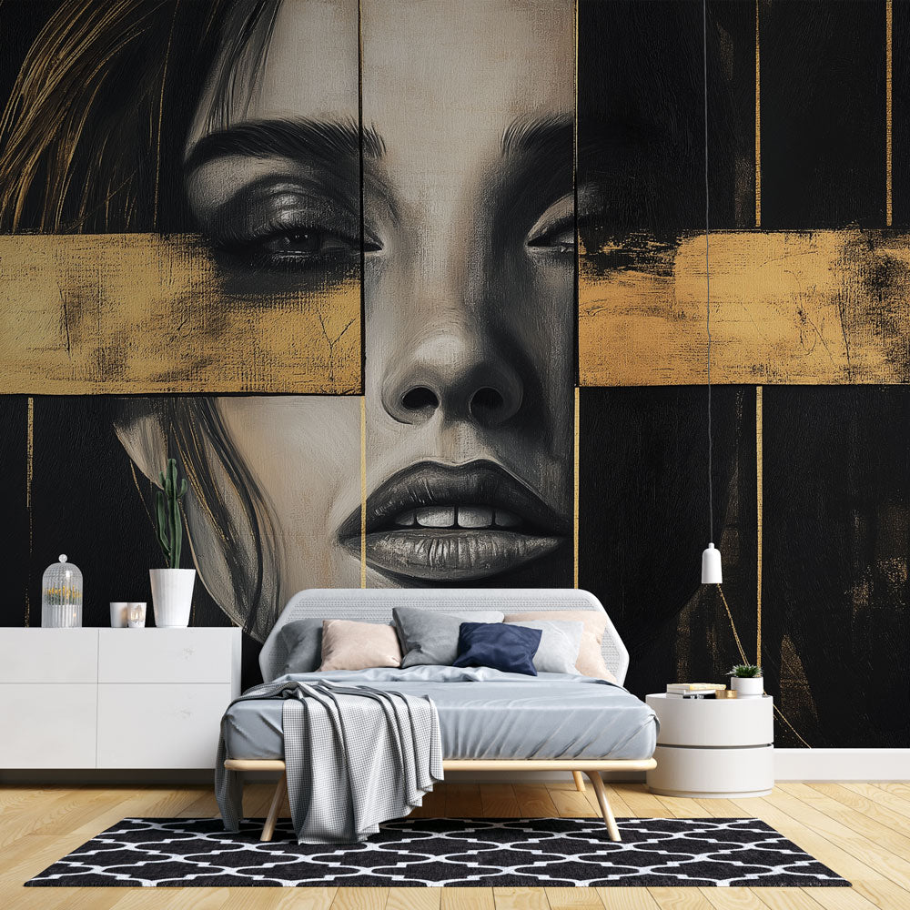 Black and gold portrait mural wallpaper creating dramatic impact in a modern living room with high ceilings