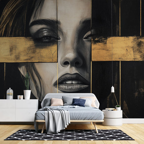 Black and gold portrait mural wallpaper creating dramatic impact in a modern living room with high ceilings