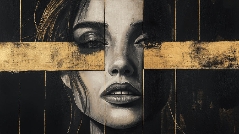 Black and gold artistic portrait wallpaper design file showing detailed geometric pattern and rich textures