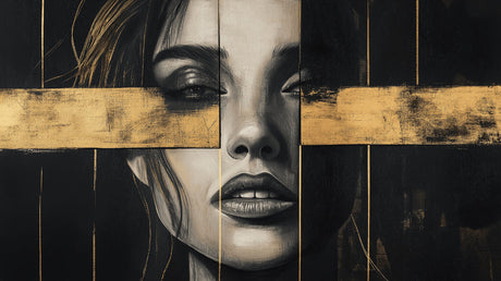 Black and gold artistic portrait wallpaper design file showing detailed geometric pattern and rich textures