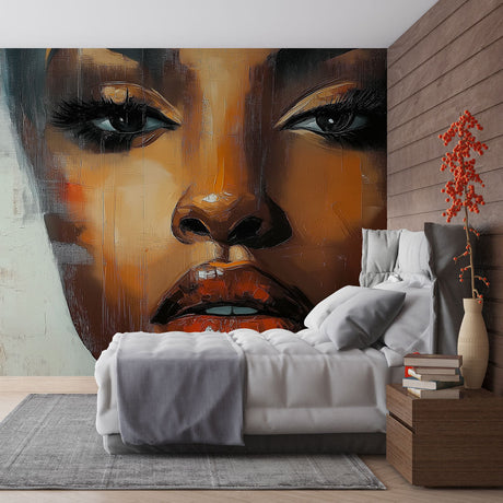 Contemporary African portrait wallpaper creating dramatic impact in a modern living room with minimalist furniture