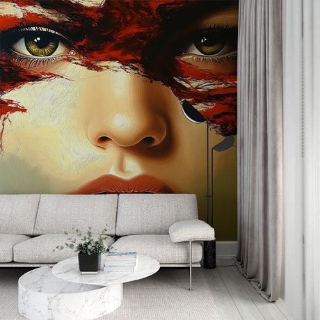 Modern portrait wallpaper creating dramatic impact in a minimalist living room with high ceilings