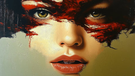 Portrait mural wallpaper design file showing detailed red brushstrokes and golden eye details