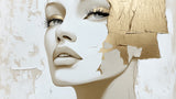Contemporary gold and white portrait design file showing detailed facial features and metallic elements