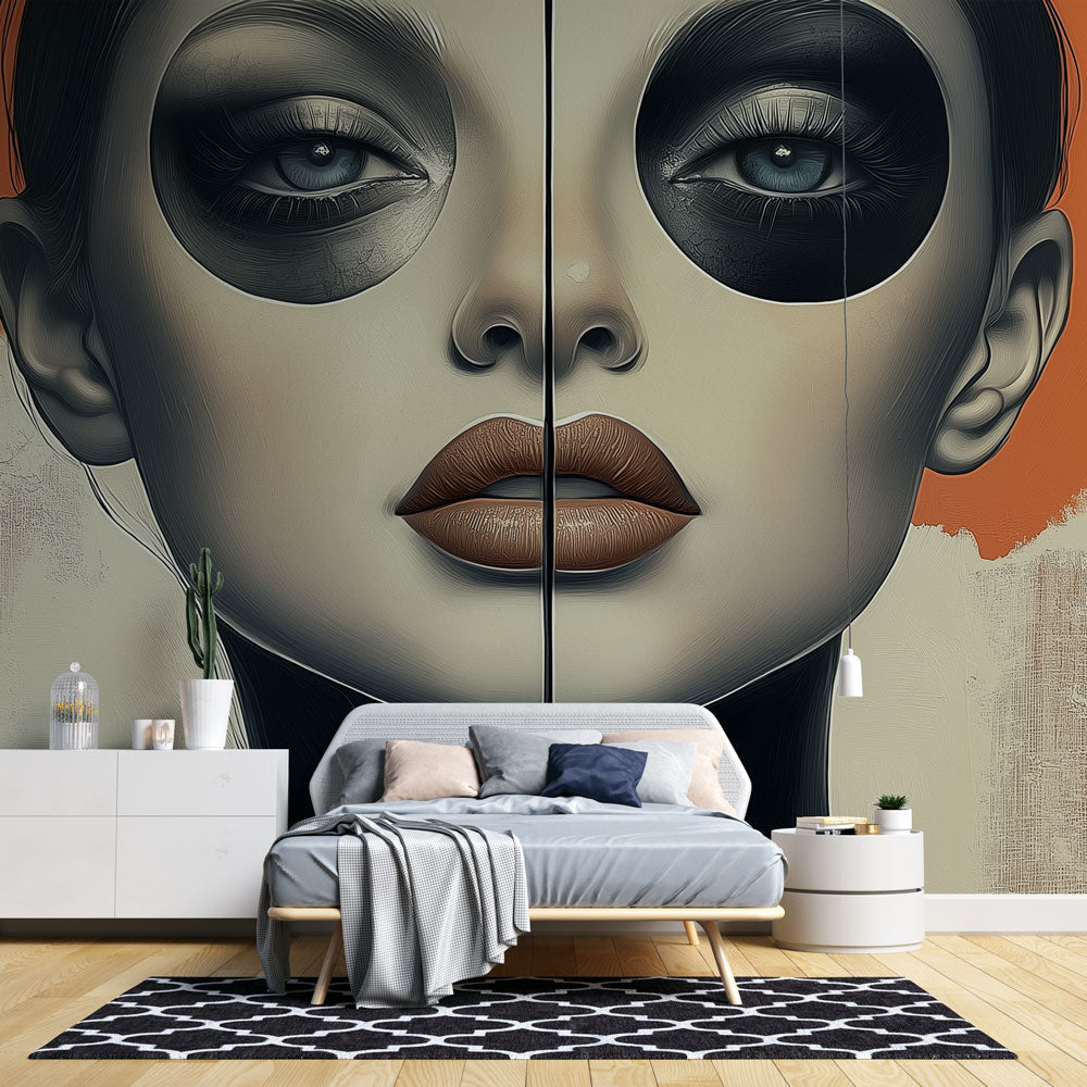Modern portrait wallpaper creating a dramatic focal point in a minimalist living room with neutral furniture
