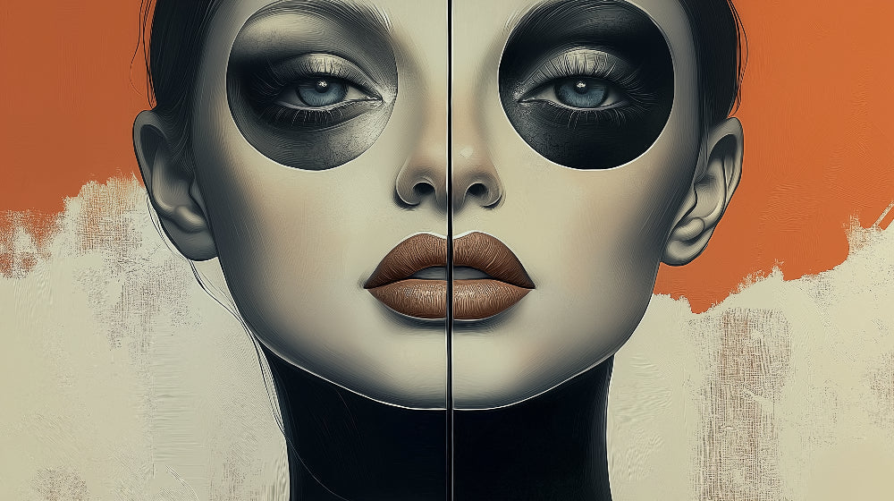 Modern face portrait design file showing detailed grayscale tones with terra-cotta accents