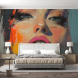 Modern portrait wallpaper creating a stunning focal point in a minimalist living room with natural lighting