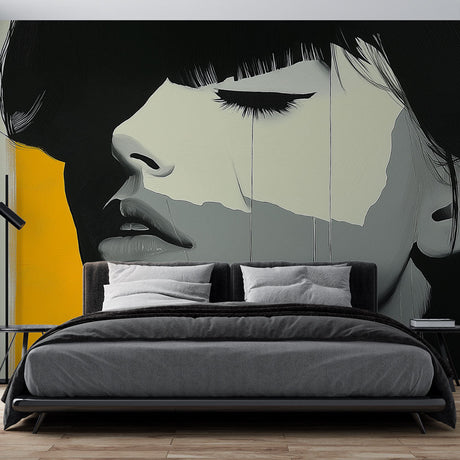 Modern portrait wall mural creating dramatic impact in a minimalist living room with high ceilings and natural light