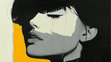 Black and white portrait wallpaper design file with yellow accent, showing intricate artistic details