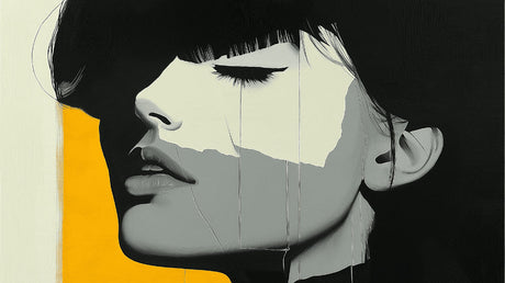 Black and white portrait wallpaper design file with yellow accent, showing intricate artistic details