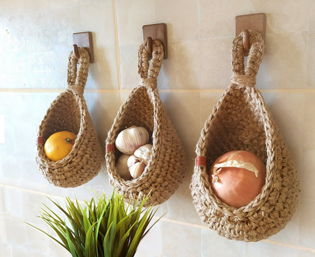 Jute Wall Storage Baskets  Handwoven Produce Organizers - Product showcase