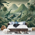 Dinosaur landscape wallpaper bringing Jurassic magic to a modern kids bedroom, showing green prehistoric scene with T-Rex