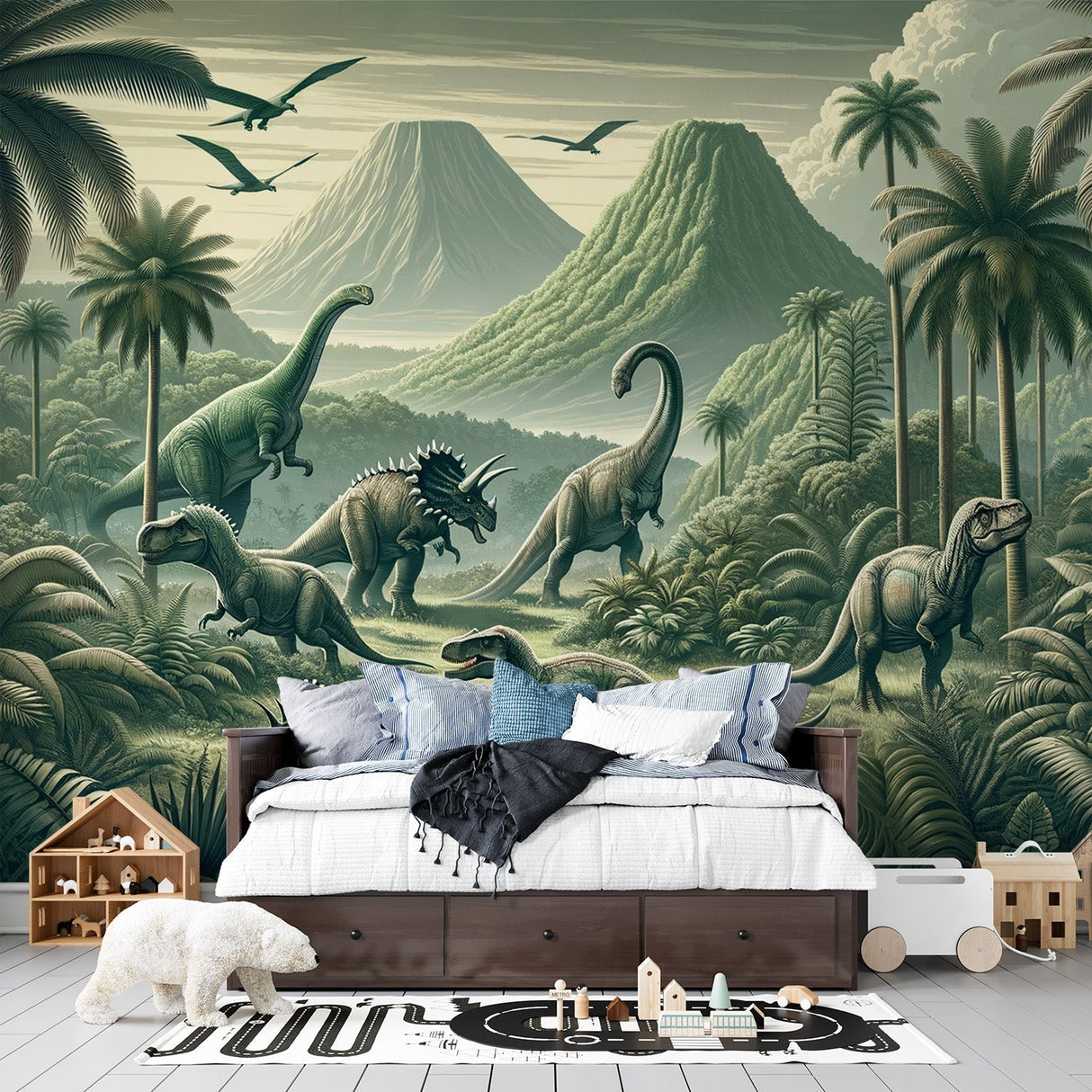 Dinosaur landscape wallpaper bringing Jurassic magic to a modern kids bedroom, showing green prehistoric scene with T-Rex