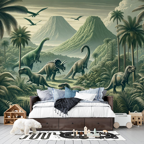 Dinosaur landscape wallpaper bringing Jurassic magic to a modern kids bedroom, showing green prehistoric scene with T-Rex