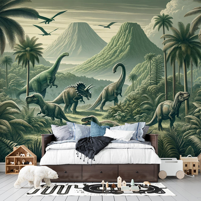 Dinosaur landscape wallpaper bringing Jurassic magic to a modern kids bedroom, showing green prehistoric scene with T-Rex