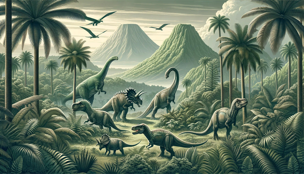Dinosaur wallpaper design file showing detailed Jurassic paradise scene with prehistoric creatures in green tones