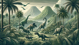 Dinosaur wallpaper design file showing detailed Jurassic paradise scene with prehistoric creatures in green tones
