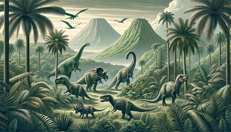 Dinosaur wallpaper design file showing detailed Jurassic paradise scene with prehistoric creatures in green tones