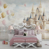 Princess castle wallpaper transforms a girl's bedroom into a magical kingdom, soft pink and gold tones create a dreamy atmosphere