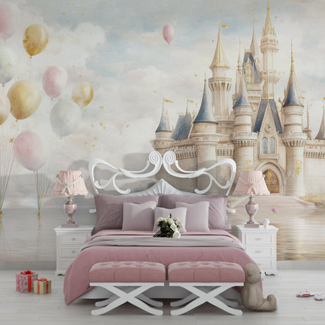 Princess castle wallpaper transforms a girl's bedroom into a magical kingdom, soft pink and gold tones create a dreamy atmosphere