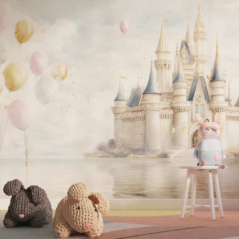 Enchanting princess castle mural in a playroom setting, floating balloons add whimsical touch