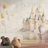 Enchanting princess castle mural in a playroom setting, floating balloons add whimsical touch