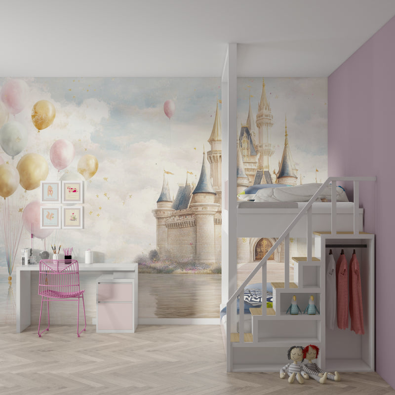 Princess palace wall mural featured in nursery, gentle pastel colors perfect for peaceful sleep