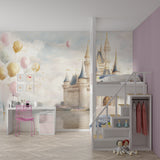 Princess palace wall mural featured in nursery, gentle pastel colors perfect for peaceful sleep
