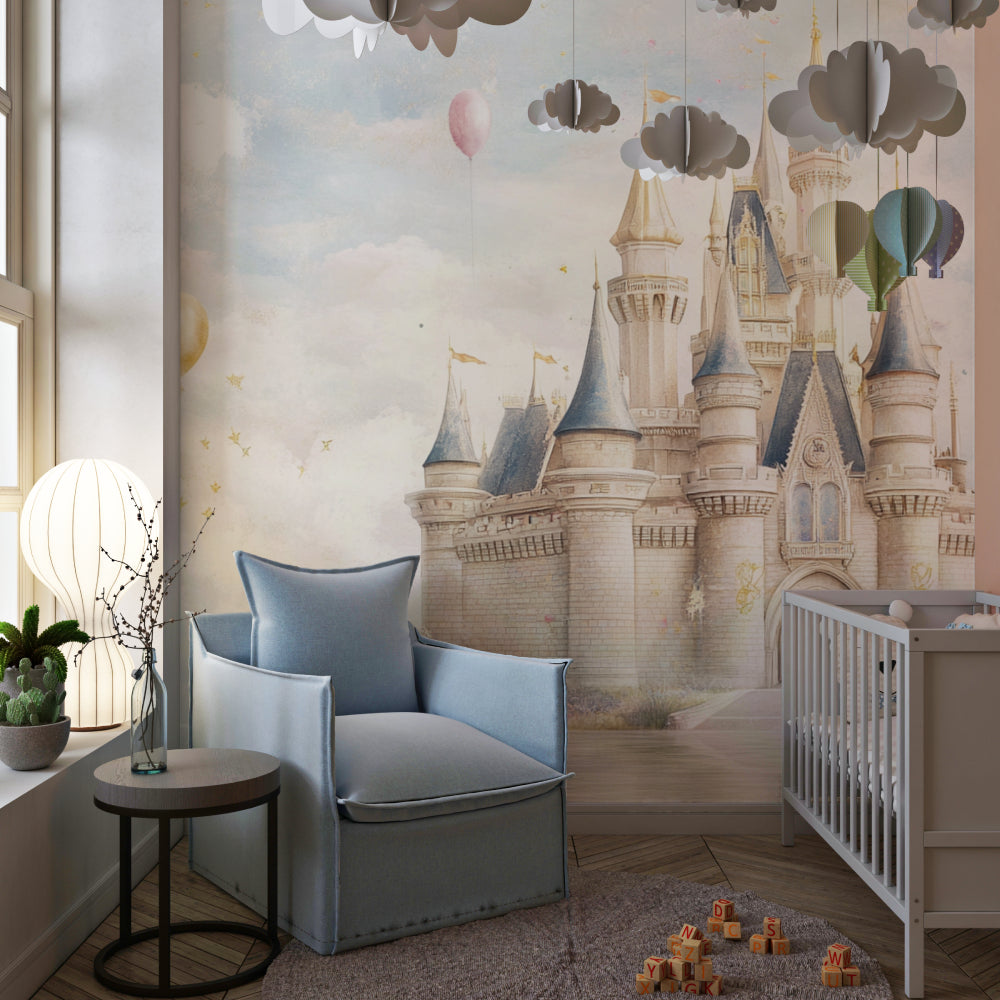 Magical castle wallpaper displayed in reading nook, creates cozy storytelling corner
