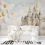 Princess castle mural bringing enchantment to kids bathroom, soft golden details shine