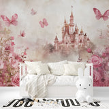 Pink castle mural adding magic to a child's reading corner