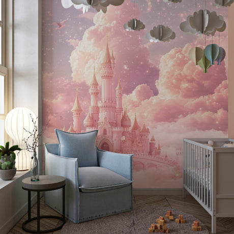 Princess castle wallpaper in magical girl's bedroom with pink bed and fairy lights