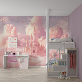 Dreamy princess castle mural in nursery with white furniture