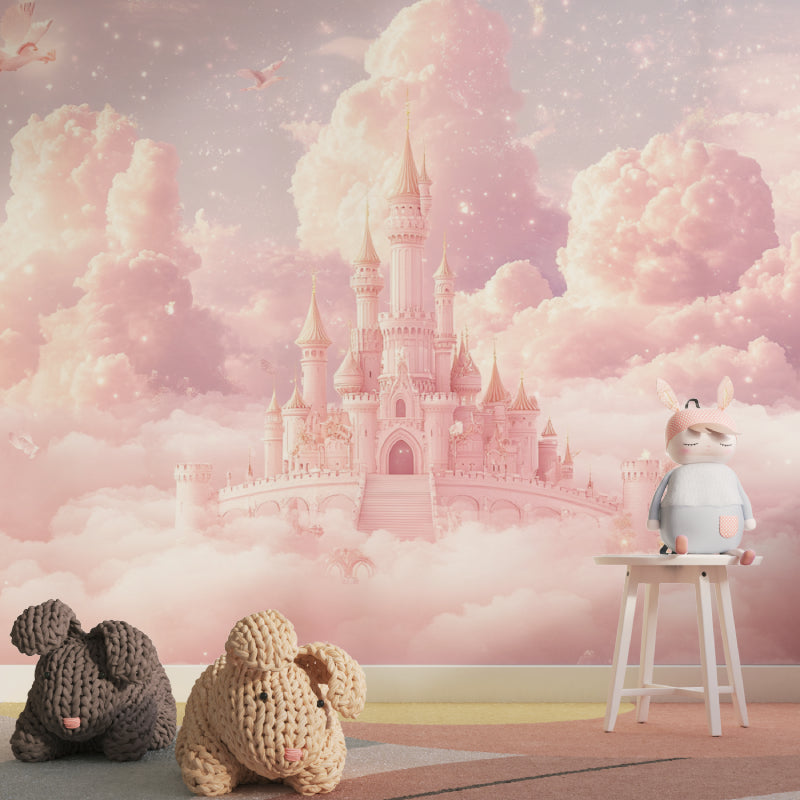 Pink castle wallpaper creating magical playroom atmosphere