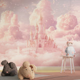 Pink castle wallpaper creating magical playroom atmosphere