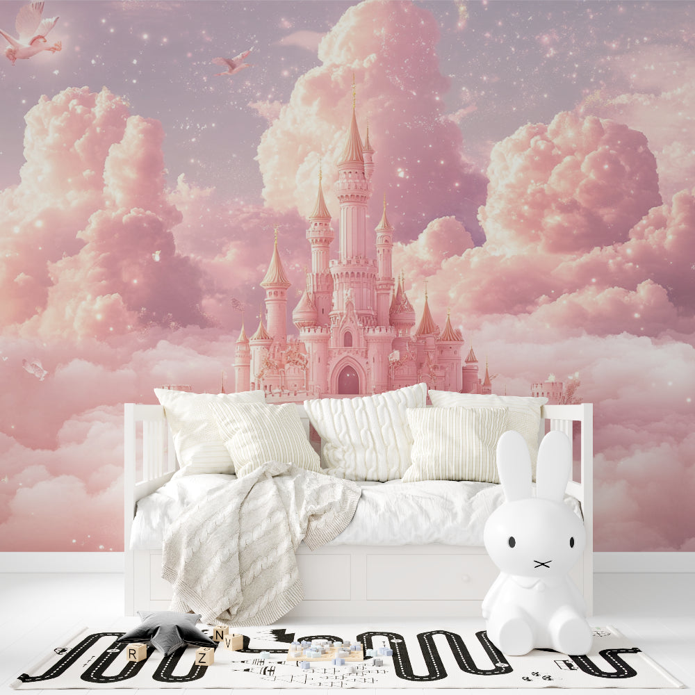 Fantasy princess castle mural in reading nook with cushions