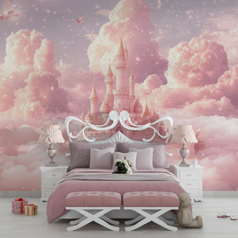 Princess wallpaper transforming young girl's bedroom into castle
