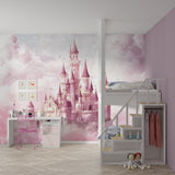 Princess castle mural wallpaper bringing magic to a girl's bedroom with soft pink tones and dreamy atmosphere