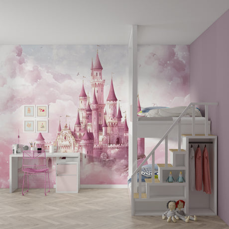 Princess castle mural wallpaper bringing magic to a girl's bedroom with soft pink tones and dreamy atmosphere