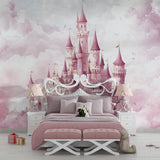 Pink castle wallpaper creating an enchanted playroom space with floating clouds and magical details