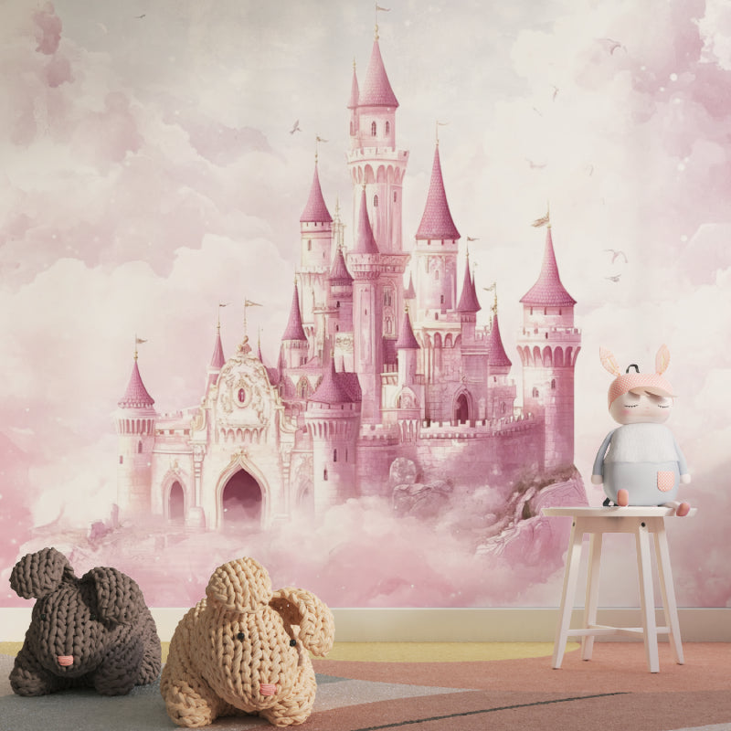 Princess palace mural transforming a nursery into a gentle fairy tale setting