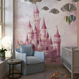 Fantasy castle wallpaper adding whimsical charm to a reading nook