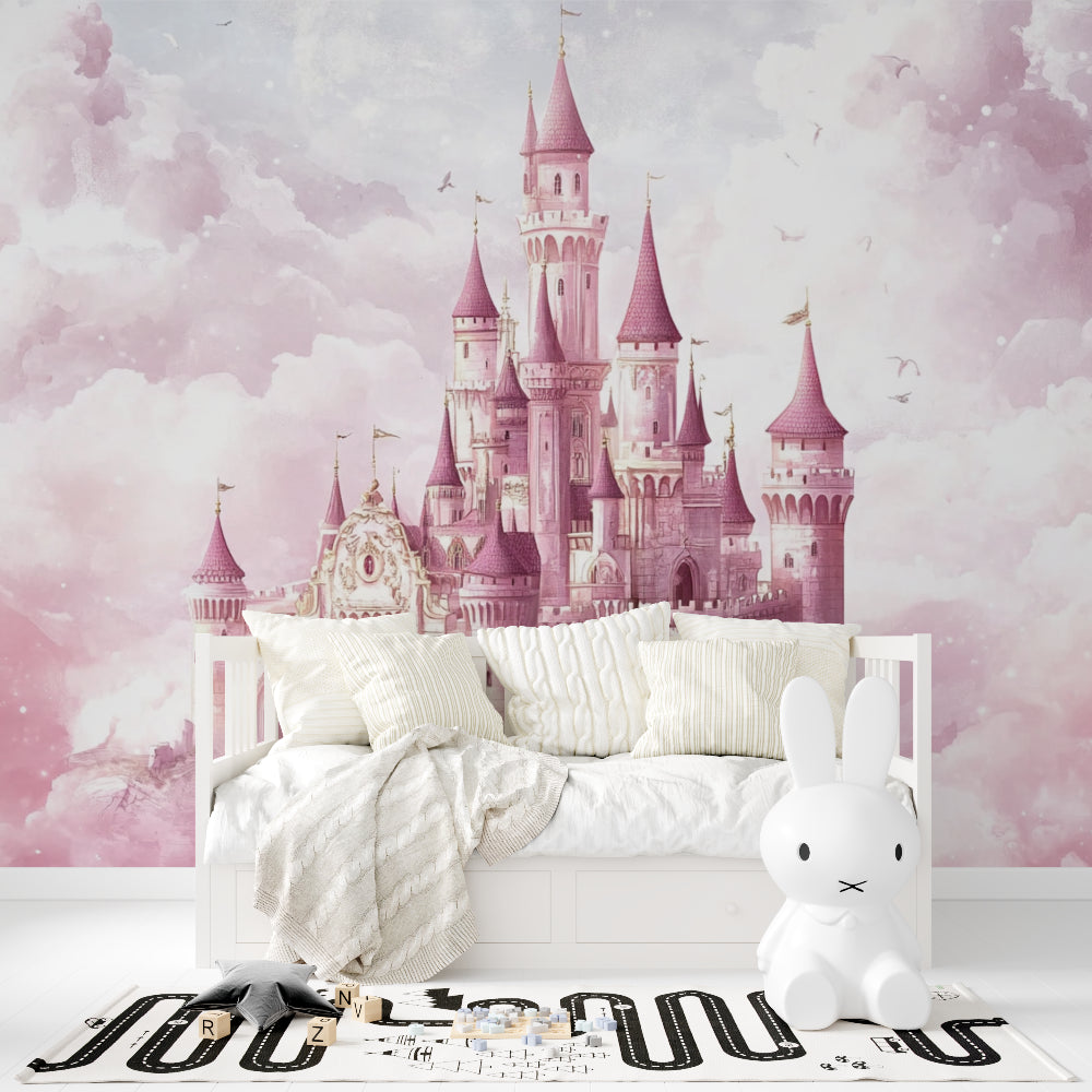 Pink princess castle mural making a kid's bathroom feel magical