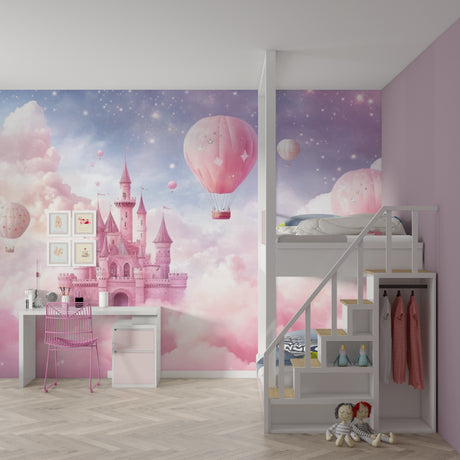 Princess castle wallpaper with pink hot air balloons creating magic in a modern nursery