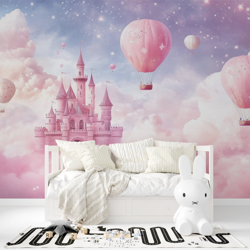 Princess hot air balloon wallpaper adding whimsy to a reading nook