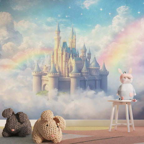 Princess castle wallpaper in a bright girl's bedroom, showing the castle mural above a pink bed with matching decor