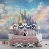 Magical castle wall mural featured in a playroom setting with reading nook and toys